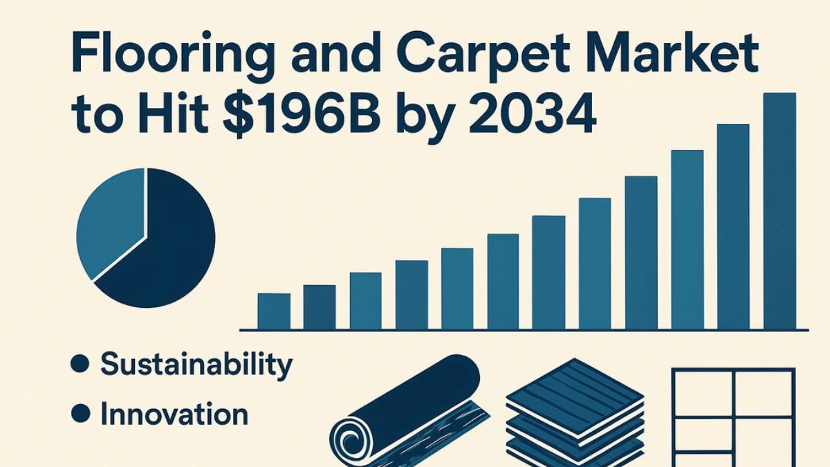 Infographic showing projected growth of the global flooring and carpet market to $196B by 2034, with icons for rugs, tiles, and planks.