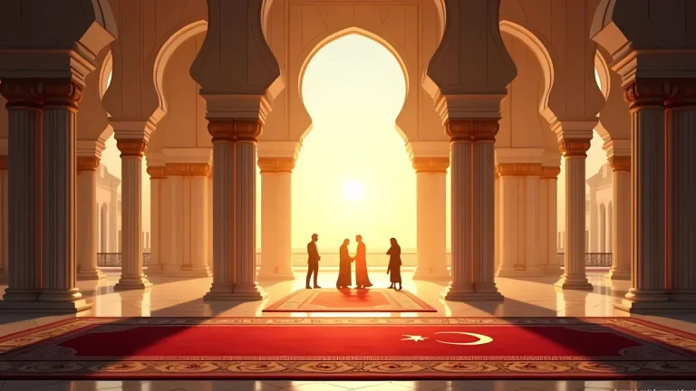 Silhouettes of people meeting on a red Turkish carpet in a grand Middle Eastern-style hall at sunset