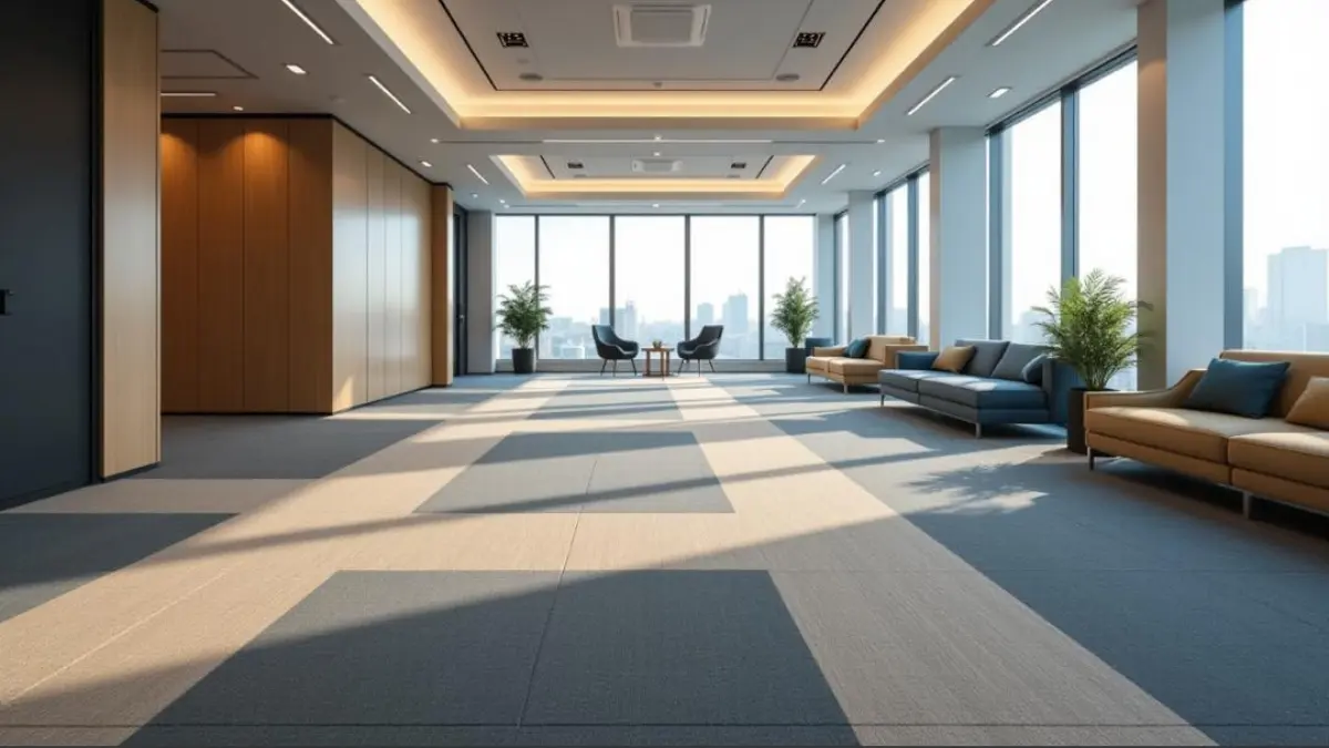 Modern office interior with large windows and stylish carpet tile flooring in a geometric pattern.