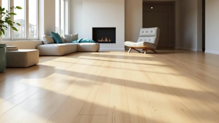 Bright living room with natural light and light wood-look LVT flooring, modern furniture, and a fireplace.