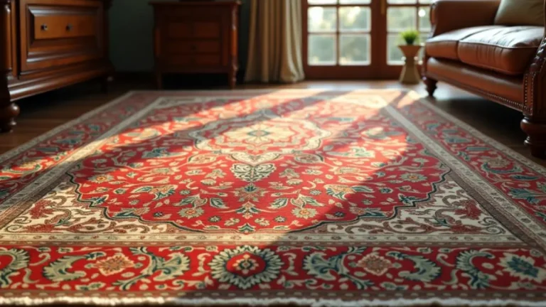 Elegant Persian carpet in a classic living room with natural sunlight and wooden furniture.