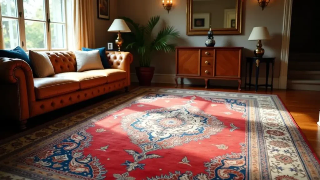 Red Persian carpet in a cozy living room with natural lighting and indoor plants.