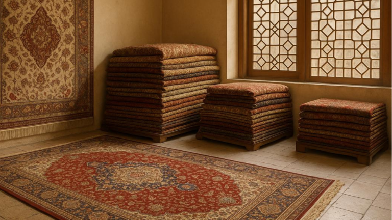 Iranian handmade carpet weaving in traditional workshop