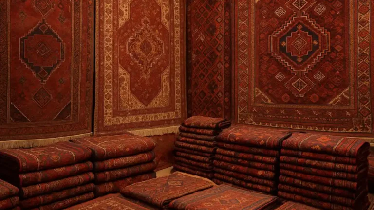 Traditional Afghan handwoven carpets stacked and displayed in a market, featuring intricate red and brown patterns.