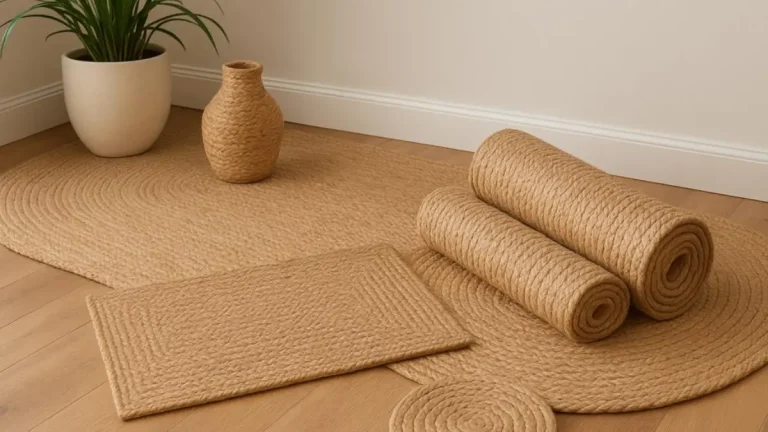 Natural jute rugs and mats arranged on a wooden floor in a minimal eco-friendly interior.
