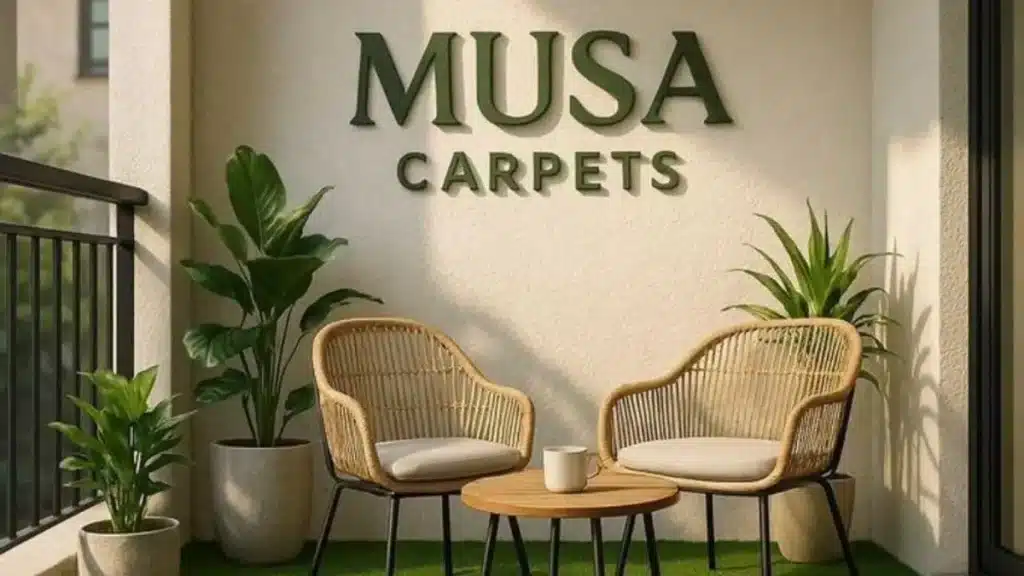 Rolled-out artificial grass with rattan chairs and plants on a sunlit balcony at Musa Carpets.