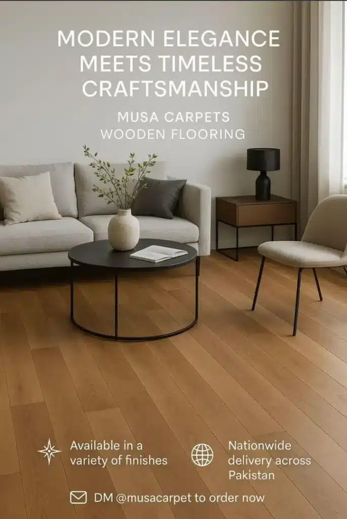 Minimalist living room with Musa Carpets wooden flooring, beige sofa, and black coffee table.
