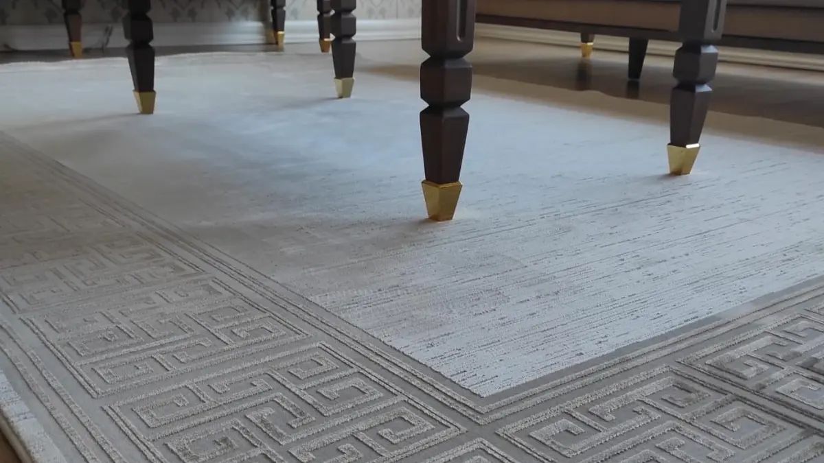 Turkish carpet design studio showing traditional patterns, yarn samples, and modern weaving concepts on a design board