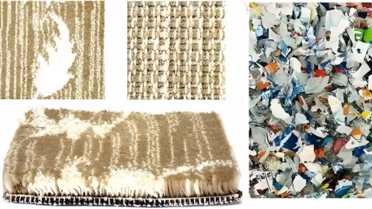 Laboratory research on recycling polypropylene carpet into composite materials, showing fibers being processed for sustainable reuse in new applications.