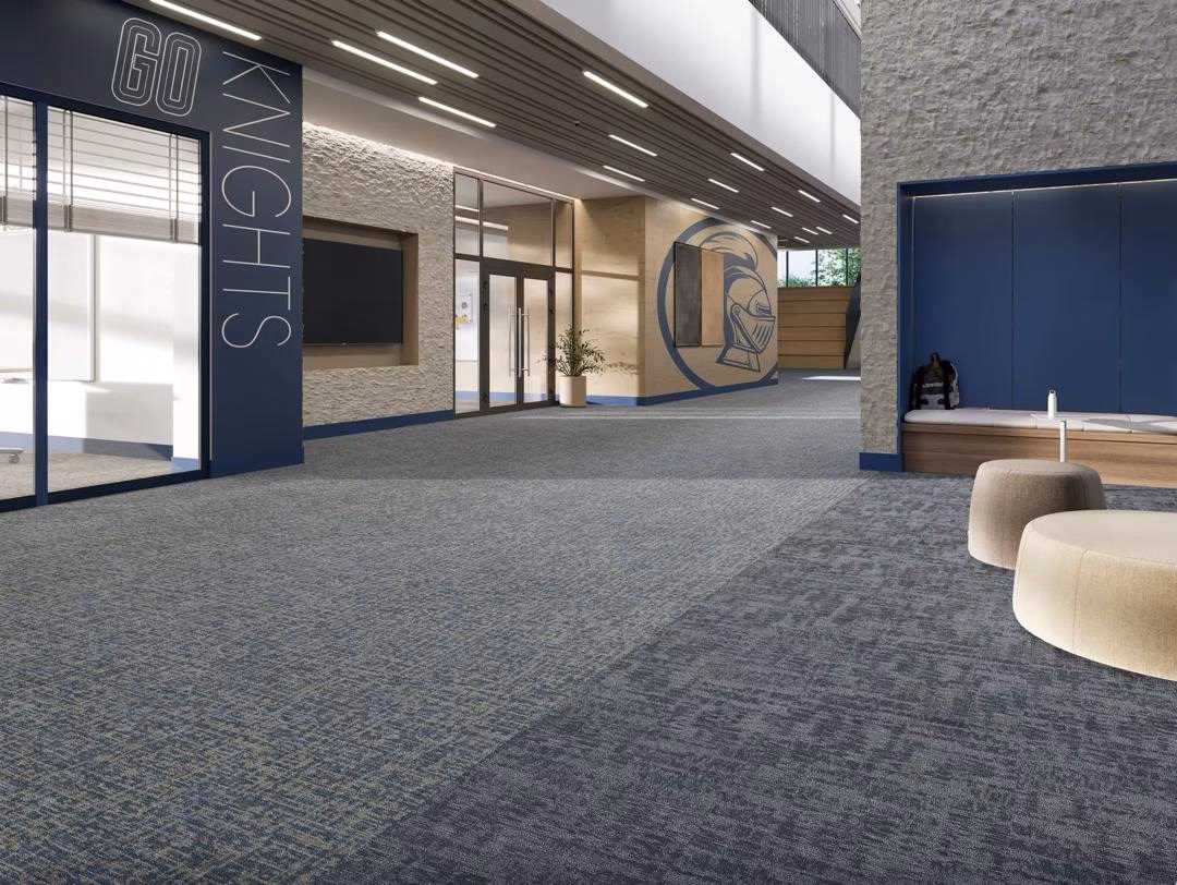 Tarkett Engraved Traces carpet tiles showcasing textured patterns Etched Point and Shift Print