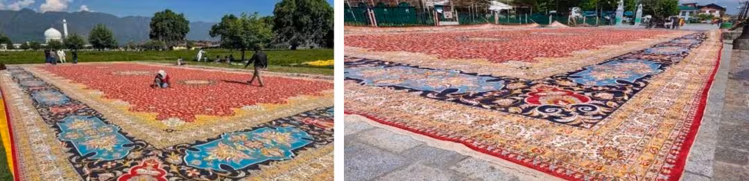 Hand-knotted carpet from Kashmir produced on a large wooden loom by traditional artisans