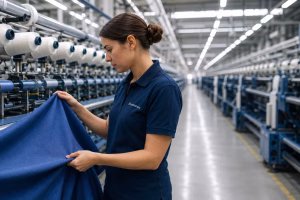 Engineer inspecting fabric quality inside a modern textile manufacturing factory with industrial machinery.