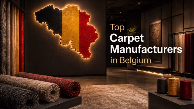 Modern Belgian carpet showroom featuring a large Belgium map in national colors, premium carpet rolls, textile yarns, and elegant rug displays representing Belgium’s leading carpet manufacturers.