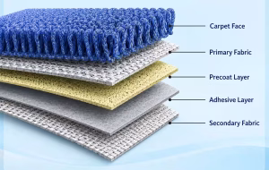 Basic structure of a tufted carpet showing the carpet face, primary fabric, precoat layer, adhesive layer and secondary fabric