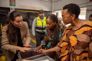 UN Global Compact representatives inspect sustainable materials and manufacturing processes during a visit to Oriental Weavers in Egypt.